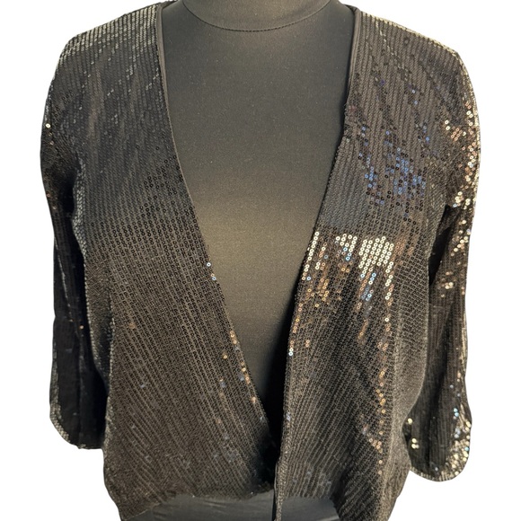 NY Collection Black Womens Sequin open front cropped party Jacket Bolero Pre-LV - Picture 1 of 5